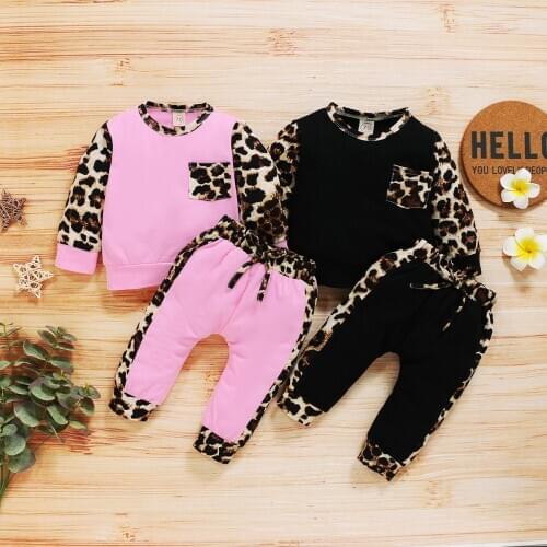 Spring Autumn Baby 0-24M Fashion Children Girl Clothes Long sleeve Leopard stitching Hoodie+ Trousers 2pcs Suit