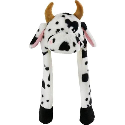 Cute Animal Plush Hat with Moving Ears Cartoon Milk Cow Earflap Cap Plush Hat Photo Props for Women Girl Toy Earflap Cap Cosplay