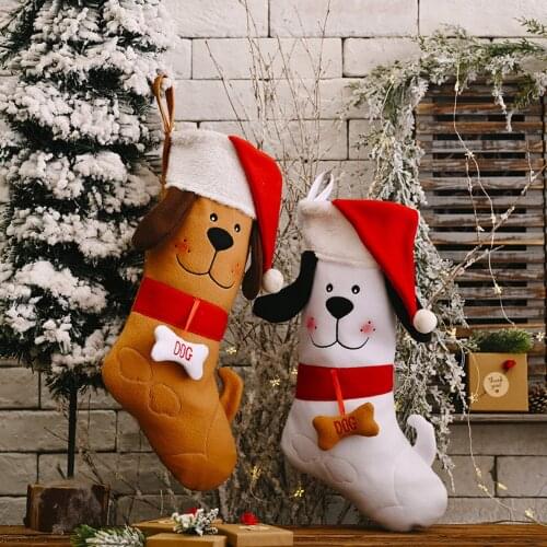Cute Christmas Stockings Fireplace Hanging Stockings Plush Personalized Home Party Decoration Dog Xmas Hat Socks Kids Gift Bag
