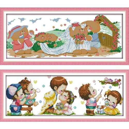 Wedding of Bear Cartoon Patterns Cross Stitch Sets Embroidery Kit 11ct 14ct Happy Wedding Count Print Canvas Handmade Needlework