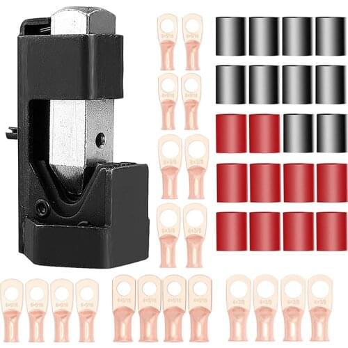Battery Cable Lug Crimping Tool For AWG 8-4/0 Terminal With Copper Tubular Ring Connectors And Adhesive Heat Shrink Tube