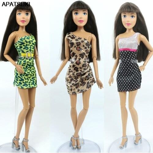 3pcs/lot Silm Dress for Barbie Doll Clothes Leopard Polka One-Shoulder Outfits for 1/6 BJD Dolls Party Dresses DIY Toy