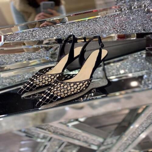 Women Shoes Summer Hollow Black Sandals High Heels Fashion Crystal Female Black Sandalias Pointed Toe Hand Made Sandales