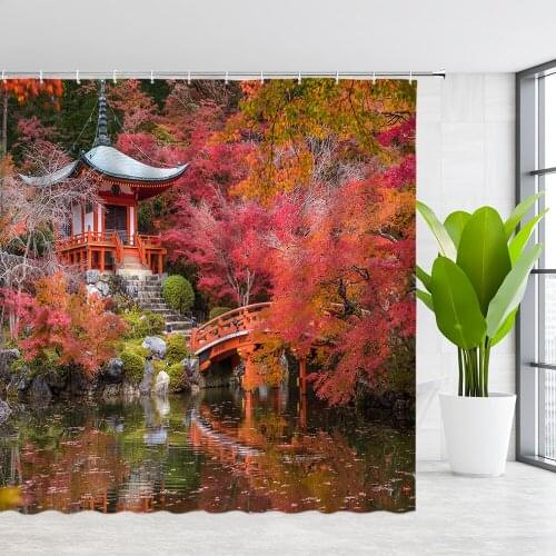 FILMILIL Shower Curtains Natural Landscape Lake Bridge Pavilion Red Leaf Autumn Scenery Bathroom Decor Cloth Hanging Curtain Set