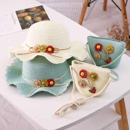 2Pcs Baby Flower Summer Hat For Girls Straw Hat With Handbag Kids Boy Girls Sun Visor UV protection Panama Beach Hat gorras