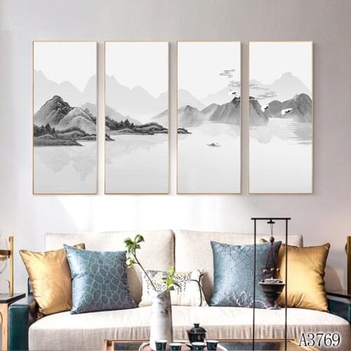 Modern Abstract Oil Painting Print on Canvas 4pcs Chinese style Landscape Canvas Art Printing Wall Art Picture for Home Decor