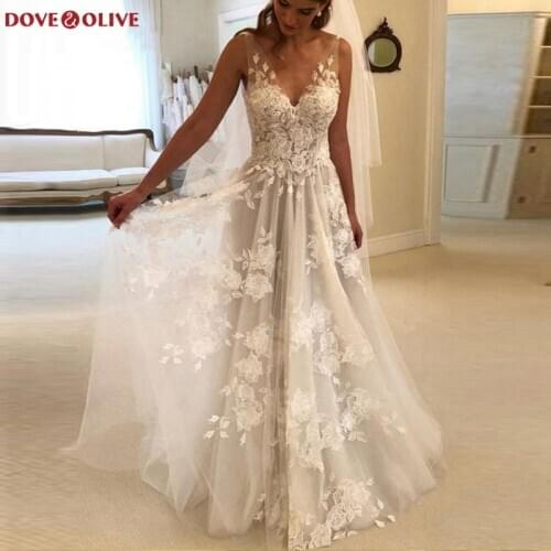 2020 Simple Boho A-Line Wedding Dresses Deep V- Neck Sleeveless Backless Bridal Gowns Appliques Lace Illusion vestidos de noiva