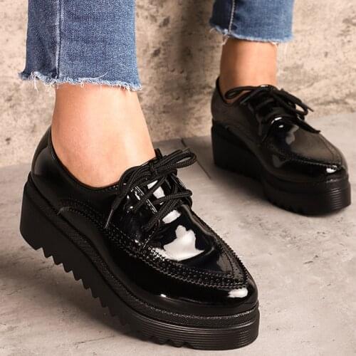 New Women Shoes Patent Leather Pumps Wedges Lace up Ladies Sewing Classic Round Toe Fashion Female Casual Footwear Spring