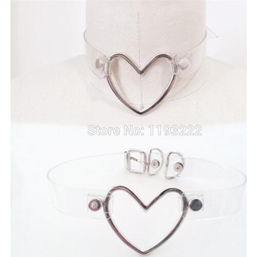 Stree Style Punk Rock Stud Rivet Big Heart Choker, Clear Transparent Leather Jewelry Collar Necklace