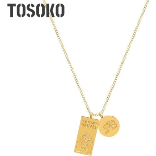 TOSOKO Stainless Steel Jewelry Abstract Art Portrait English Round Square Pendant Necklace Fashion Chain For Women BSP876
