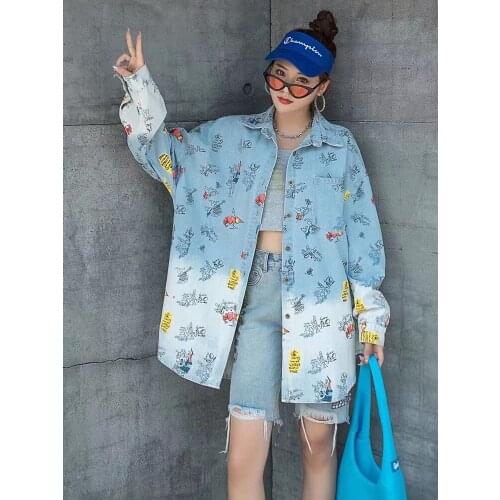 Korean Fashion Denim Blouse Autumn New 2021 Loose Casual Single-breasted Lapel Long Sleeve Color Contrast Splicing