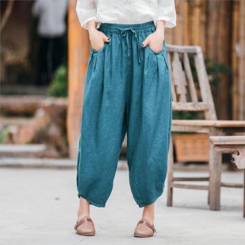 Women Loose Elastic Waist Harem Pants Ladies Vintage Cotton Linen Pants Female 2020 Summer Harem Trousers