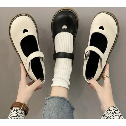 2021 Spring Lolita Shoes Heart Cut Ankle Strap Mary Janes SHoes Black Platform Shoes Woman Flats Girls Princess Shoe Black ZH05