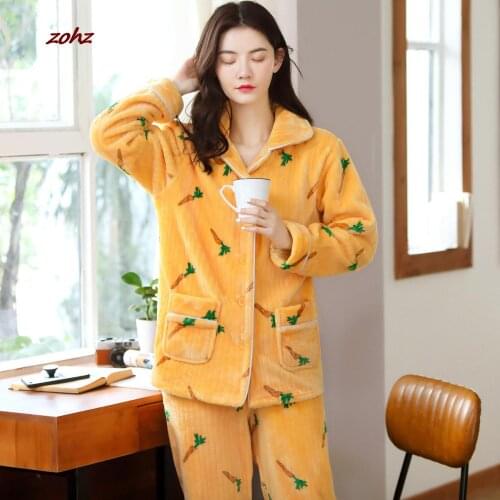 Womens Flannel Printed Pyjamas Sets Casual Lapel Long Sleeve Sleepwear Suit Autumn Winter Female Home Two Piece Loungewear Sets