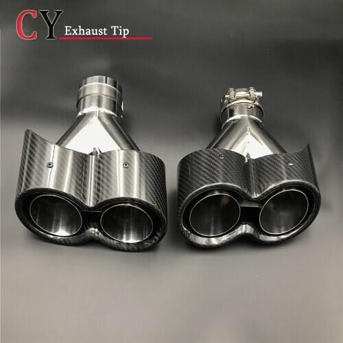 1Pair Oval Dual Outlet Y Type Glossy black Exhaust pipes Carbon Fiber Exhaust Tip For Audi BM-W Benz Honda Volvo Etc