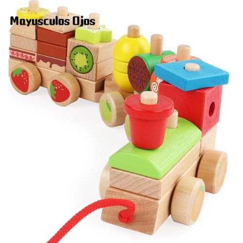 1PC Wooden Children Early Education Trailer Blocks 1-3 Years Old Fruit Train Set Puzzle Power Drag Toy