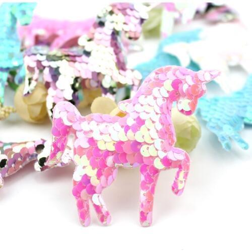 16Pcs 7*8.5cm Colourful Unicorn Glitter Sequins Padded Appliques for Clothing DIY Children crafts Hairpin headwear accessories