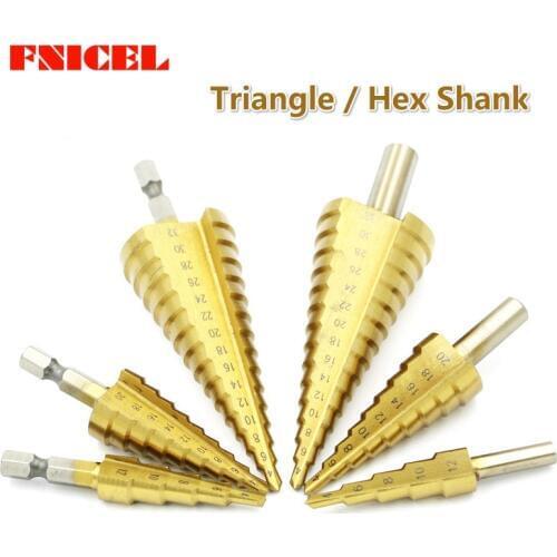 3Pcs Hss Step Drill Bit Titanium Coated Step Cone Metal Hole Cutter 4-12/20/32mm Metal Hex Tapered Drill Power Tools Accessories