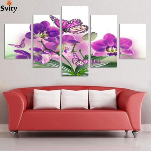 5 Piece Free Shipping Cheap abstract Modern Wall Painting purple pink flower Home Decorative Art Picture Paint on Canvas Prints