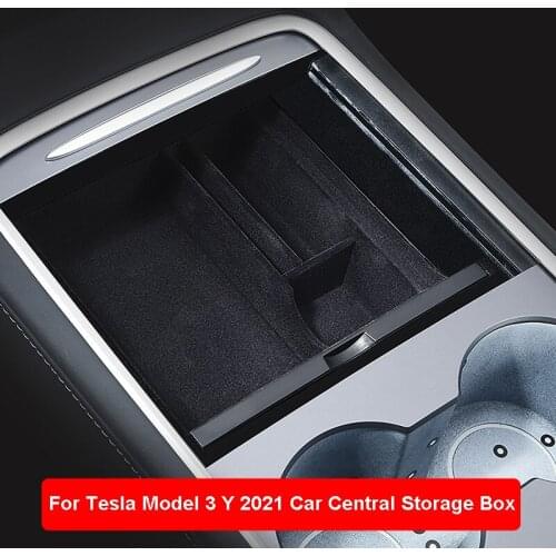 Car Central Control Armrest Storage Box Surface Flocking ABS Anti-Skid Shockproof Hidden Storage Box For Tesla Model 3 2021
