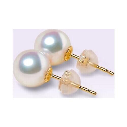 Free Shipping AAA 10-11mm Akoya white pearl earrings yellow 9K gold stud