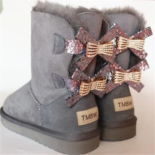 2020 Fashion Two Bows Real Sheepskin Womens Winter Woman Snow Boots Mid Calf Genuine Sheepskin Women Boots Women Shoes