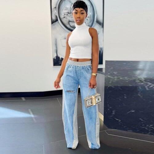 Elastic Mid-waist Patchwork Fashion Casual Straight-leg Denim Trousers Pockets Hole Front Wide Leg Underpant Summer Loose Jeans