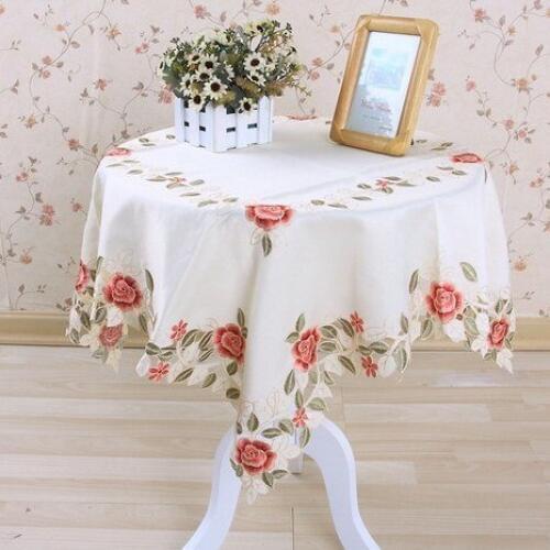 Vezon 83*83cm Elegant Polyester Jacquard Embroidery Floral Satin Tablecloth Cutwork by Hand Table Topper Covers