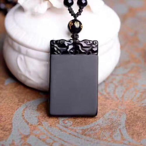 Koraba Fine Jewelry Natural Black Obsidian Carved Dragon Head Safety Pendant + Rope Necklace Free Shipping