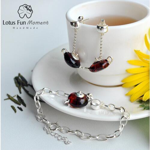 Lotus Fun Moment Real 925 Sterling Silver Natural Stone Handmade Fashion Vintage Cute Teapot Jewelry Set for Women Bijoux