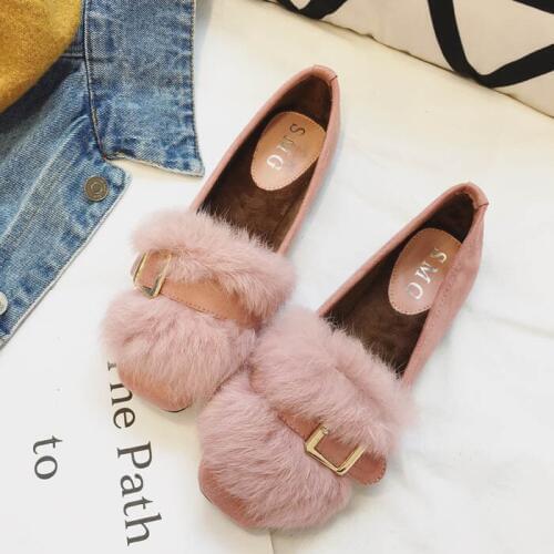 Fur flats belt buckle design shoes autumn moccasins feather fur loafers slip on shoes rabbit hairs espadrilles belt hasp