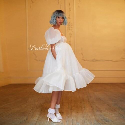 2021 Sweet White Tulle Puff Cap Sleeves Mid-Calf Women Summer Dressing Custom Made Pretty Ruffles Girls Party Gowns