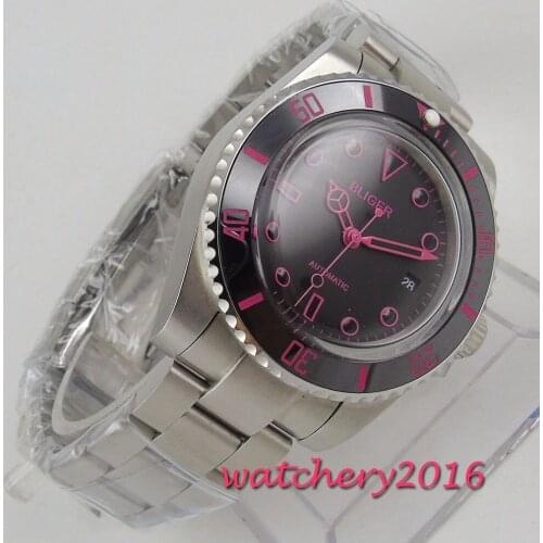 40mm Bliger Black Dial ceramic bezel Glass Steel Case Automatic movement mens Watch