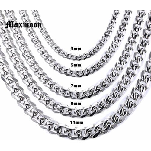 Maxmoon Mens Necklace Chain Stainless Steel Gold Silver Color Black Wholesale Necklace for Men Jewelry 3/5/7/9/11mm 18-36inch