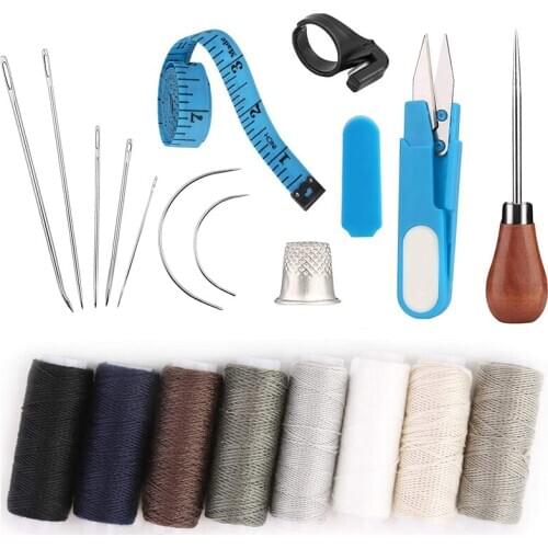 Nonvor 20Pcs Leather Craft Stitching Tools Set with Hand Sewing Needles Awl Thimble Waxed Thread For Handcraft DIY Accessories