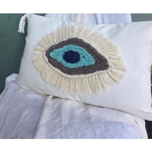 Macrame Handmade evil eye eye 30x50cm linen fabric pillow case, garden bedroom home decor