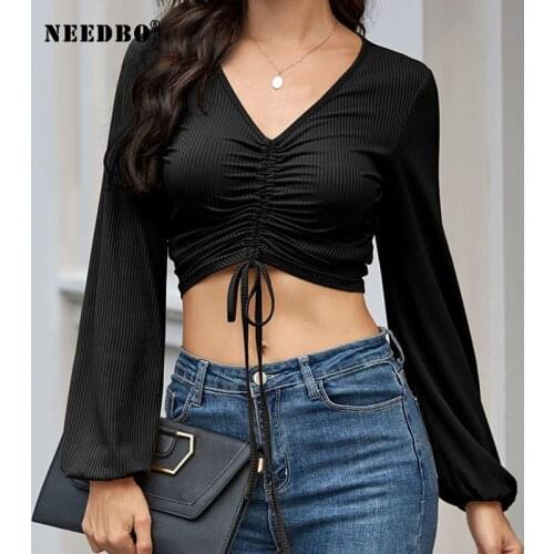 NEEDBO Ladies New Top Long Sleeve T-Shirt V-Neck Drawstring Sexy Harajuku T-shirt Cropped Tops Women Fashion Lady Clothing