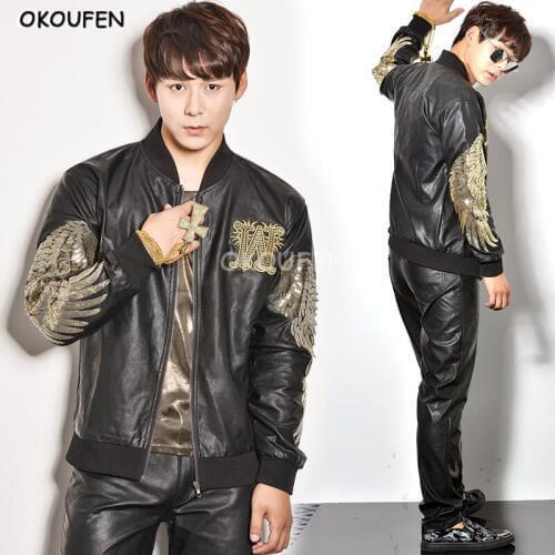 2018 New Fashion Black Leather Jacket Mens Sequins Gold Wings Print Coat Nightclub bar male singer rock drums stage costumes