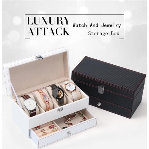 New Two Layers Watch And Jewelry Storage Boxes Case Carbon Fiber Watch Organizer Mechanical Watch Display Case Holder