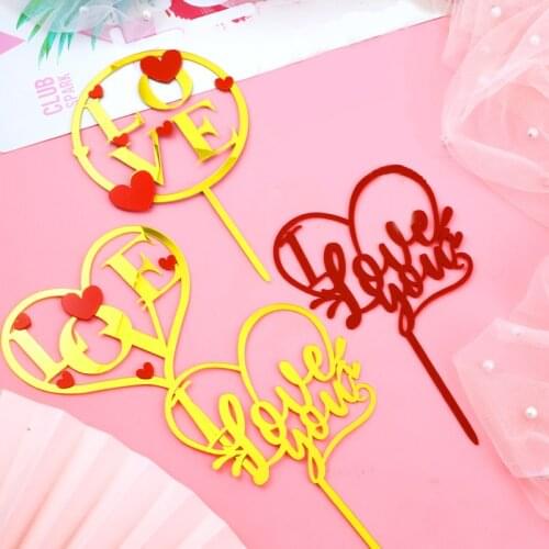 New Love Acrylic Valentines Day Cake Toppers Golden Round Love You Baking Cake Toppers Birthday Party Cake Decoration Supplies