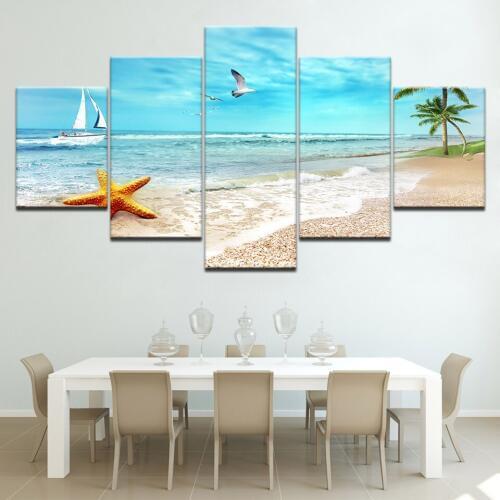Seabirds and yacht in sea seascape 5 Piece Canvas Wallpapers modern Modular Poster art Canvas painting Living Room Home Decor