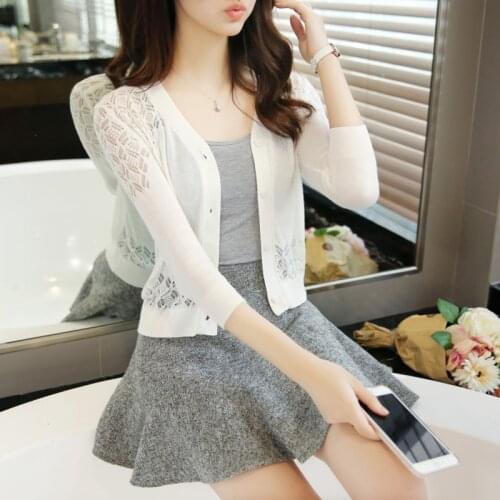 Thin knitted sweater cardigan summer air conditioner sunscreen 7-minute sleeve with shawl and jacquard jacquard jacket