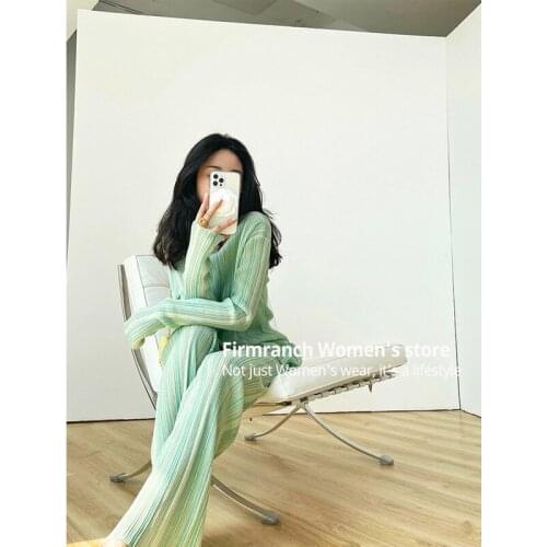 Firmranch Summer/Spring Ice Cold Soft Gradient Viscose Knitted Shirts/Pants Lazy Women Thin Suit Female Two-Piece Set
