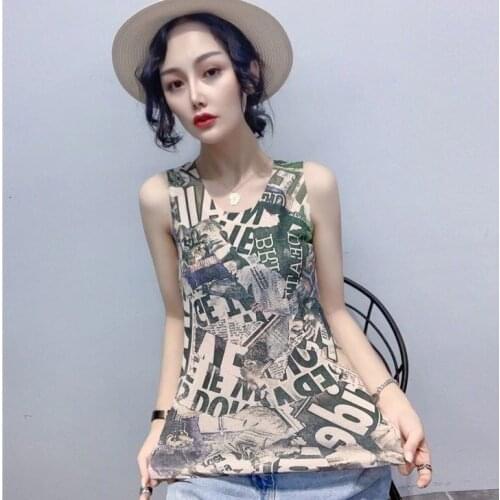 Womens Vest Summer Wear Korean Version of The New All-match Slim Bottoming Shirt Printing Fashion Inner Sleeveless T-shirt Top