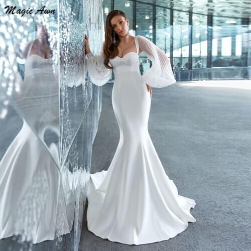 Magic Awn Modest Mermaid Wedding Dresses Satin Full Puffy Sleeves Bodice Simple Boho Wedding Party Dress Cheao Robes Mariee