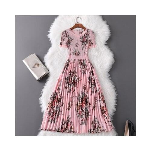 Women Fashion vestidos de verano Short Sleeve Floral Print Plus Size Pink Pleated Dresses 2019 Elegant Summer Designer Dress