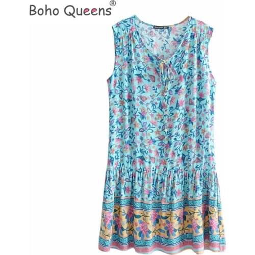 Boho Queens women floral print beach long Bohemian Mini dress Ladies sleeveless tank rayon cotton dress vestidos