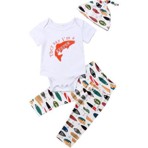 Fish Printed Baby Boy Outfits Casual Summer Newborn Baby Boy Clothes Sets Short Sleeve Romper+Long Pants Legging+Hat 3Pcs 0-18M
