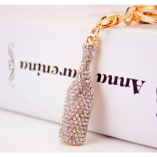 High Quality Fashion Car Keychain Bag Charms Crystal Rhinestones Metal Keyring Key Holder Glass Wine Bottle Key Chain Ring