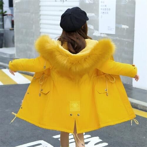 Childrens Coat Outwear Winter Fur Hoodies Jacket For Girls Teenage Warm Hooded Thick Cotton-Padded Long Solid Coat 6 8 10 12 14